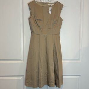 NWT Brooks Brothers Tan Boat Neck Sleeveless Fit Flare Cotton Stretch Midi Dress